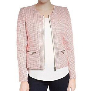 HALOGEN Zip Front Collarless Tweed Jacket Red White Checkered Geo Preppy Office